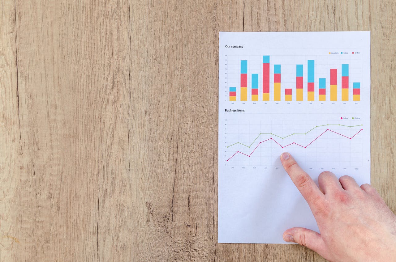 Services-03 Hand analyzing business graphs on a wooden desk, focusing on data results and growth analysis.
